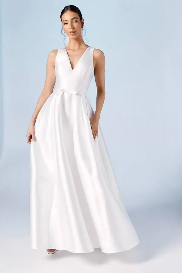 Coast Women's Plunge Neck Bow Waist Maxi Wedding Dress With Pockets in Ivory 