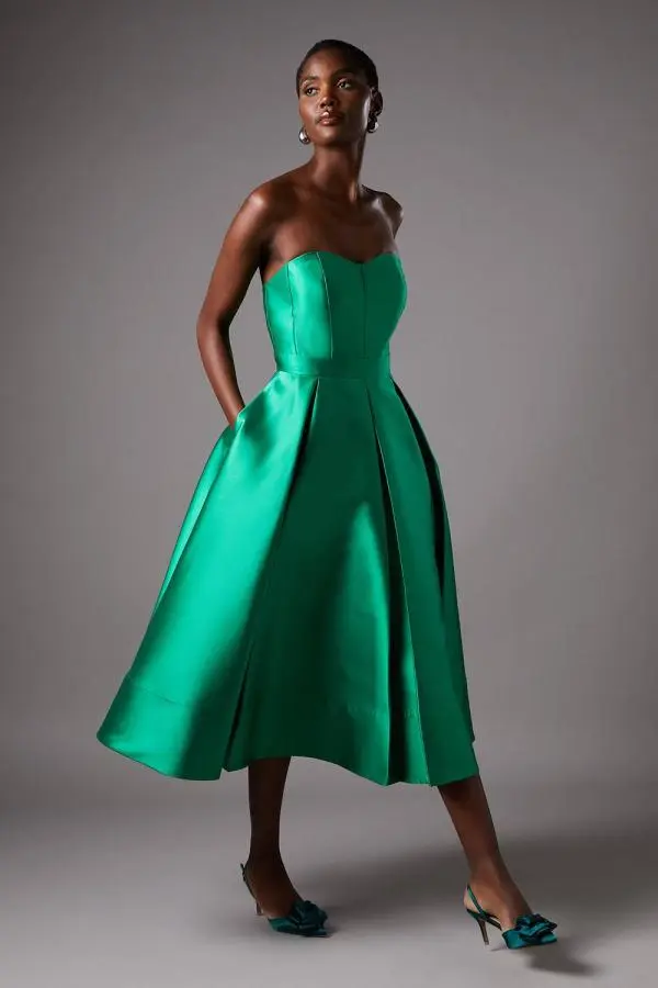 Coast Women's Pleated Twill Midi Dress With Sweetheart Neckline in Green 