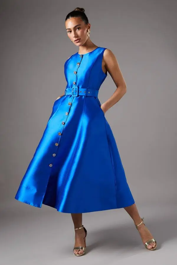 Coast Women's Button Through Belted Prom Dress in Cobalt