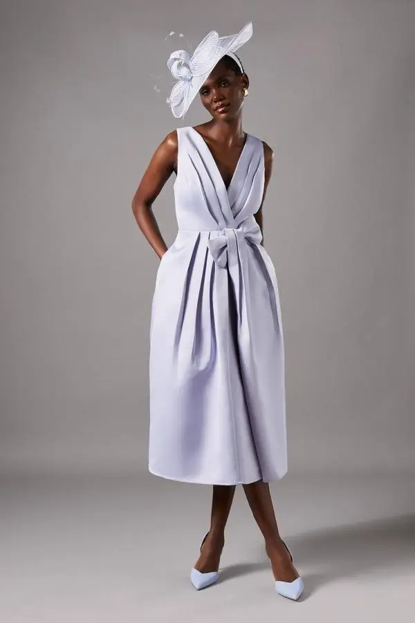V Neck Bow Detail Midi Dress - Blue