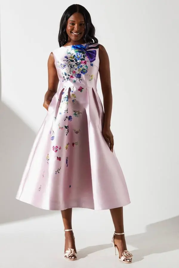 Placement Print Twill Midi Dress - Pink