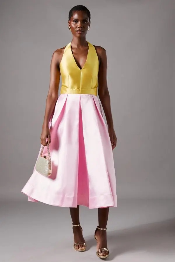 Halterneck Twill Pleated Midi Dress - Pink