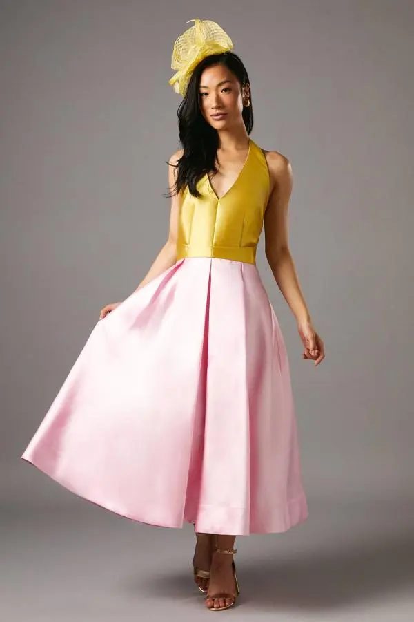 Coast Women's Halterneck Twill Pleated Midi Dress in Pink 