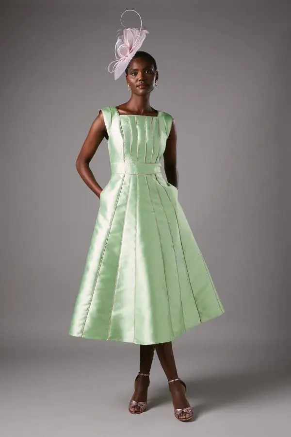 Coast Women's Printed Twill Seamed Midi Dress With Piping in Green 