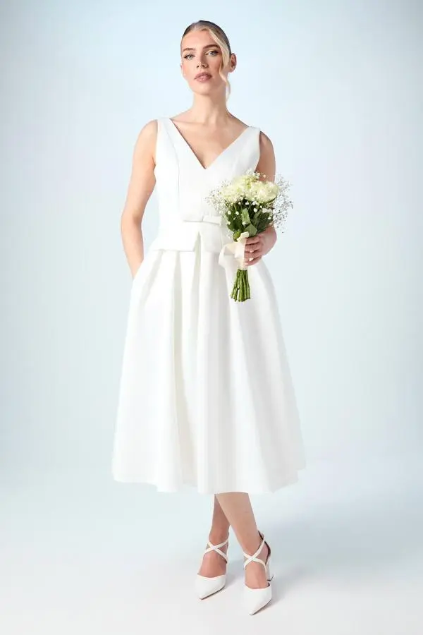 Coast Women's V Neck Bow Detail Full Skirted Midi Wedding Dress in Ivory 