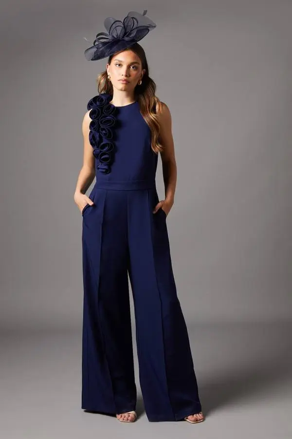 Corsage Detail Pleated Jumpsuit - Navy