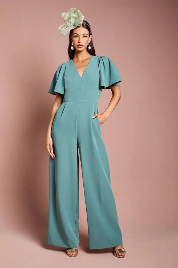 Flutter Sleeve Plunge Jumpsuit - Sage