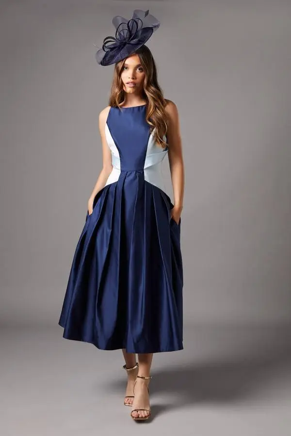 Sleeveless Satin Midi Dress With Contrast Detail - Navy