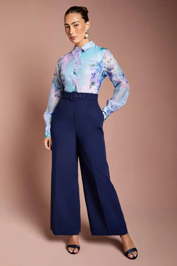 Printed Collared Wide Leg Belted Jumpsuit - Navy