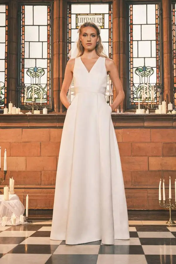 Coast Women's Satin Plunge V Neck Maxi Wedding Dress with Back Bow Detail in Ivory 