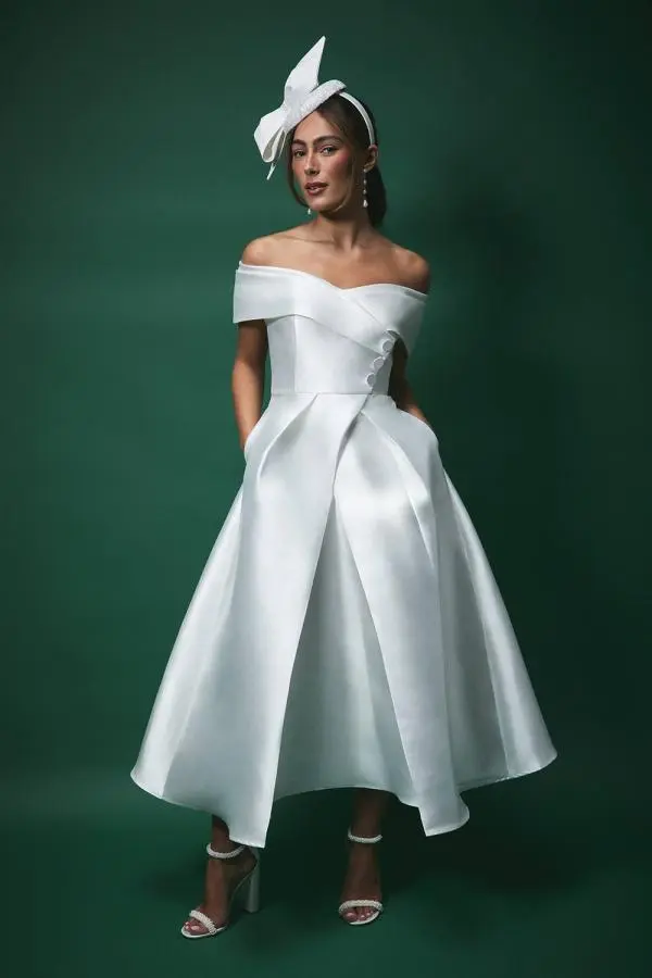 Lisa Tan Twill Bardot Waisted Midi Wedding Dress - Ivory