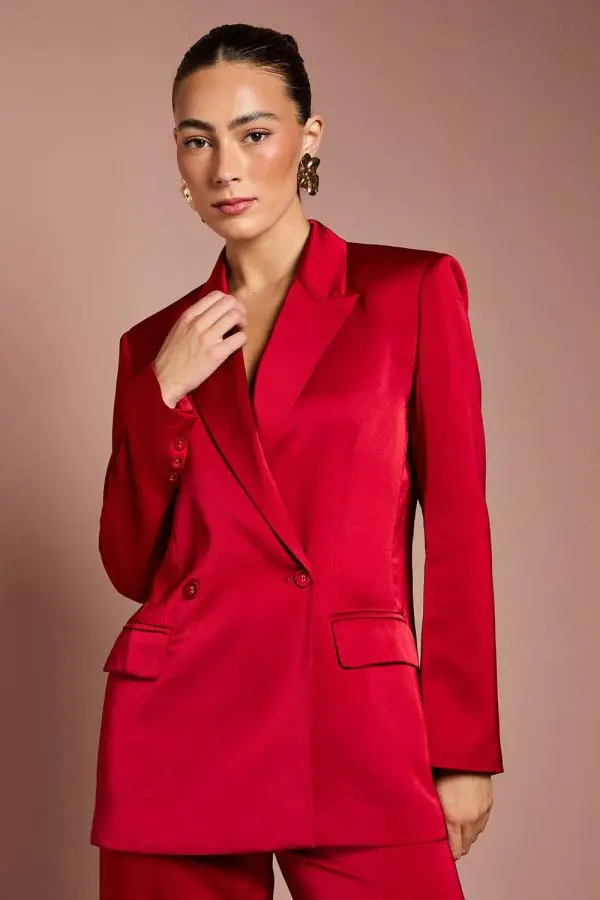 Satin Double Breasted Blazer - Red