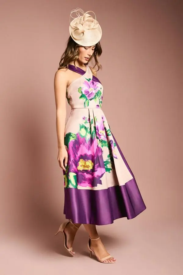 Coast Women's Printed Structured Satin Cross Neck Midi Dress in Purple 