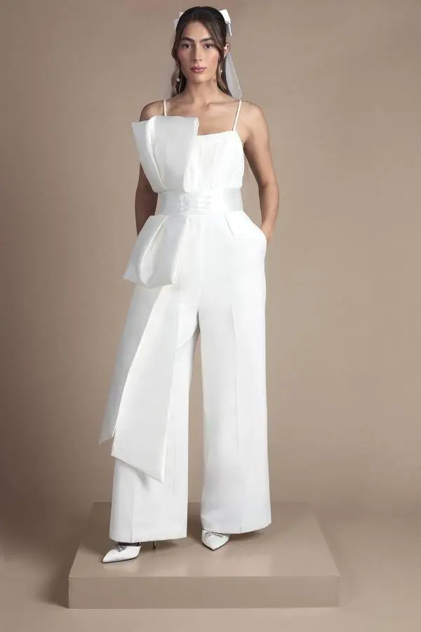 Strapless Bow Detail Wide Leg Bridal Jumpsuit - Ivory