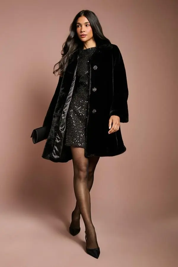Coast Women's Black Diamante Faux Fur Button Through Occasion Coat 