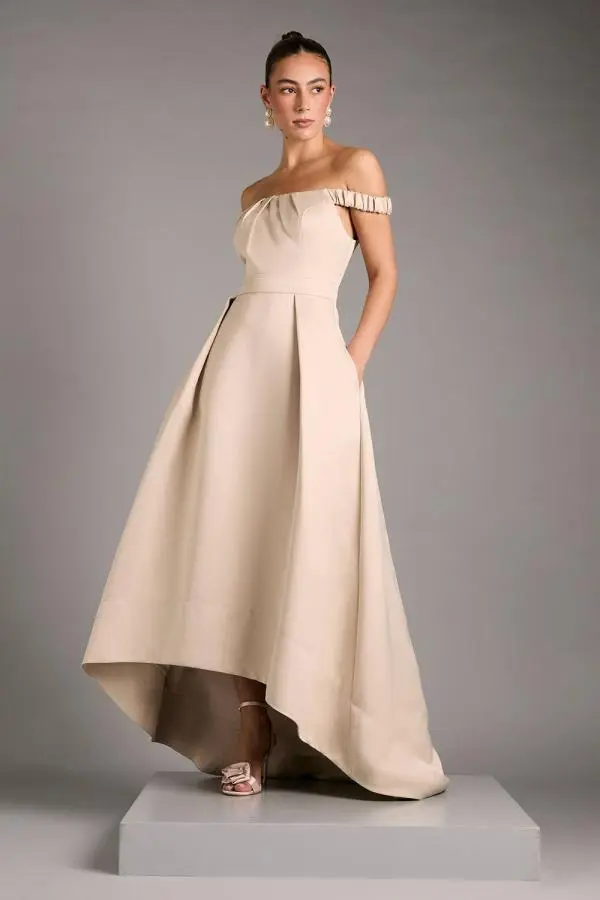 Coast Women's Bardot Fit & Flare Hi Low Hem Maxi Dress in Champagne 