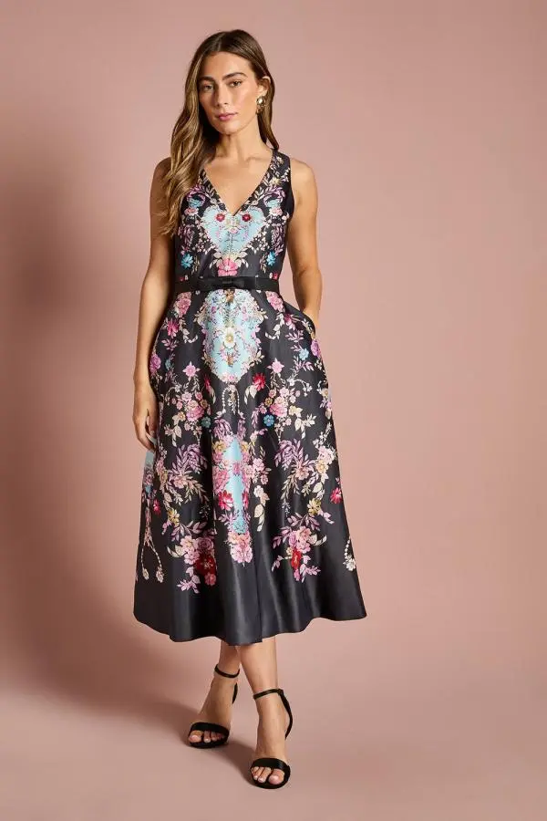 Coast Women's V Neck Placement Print Full Skirted Midi Dress in Black 