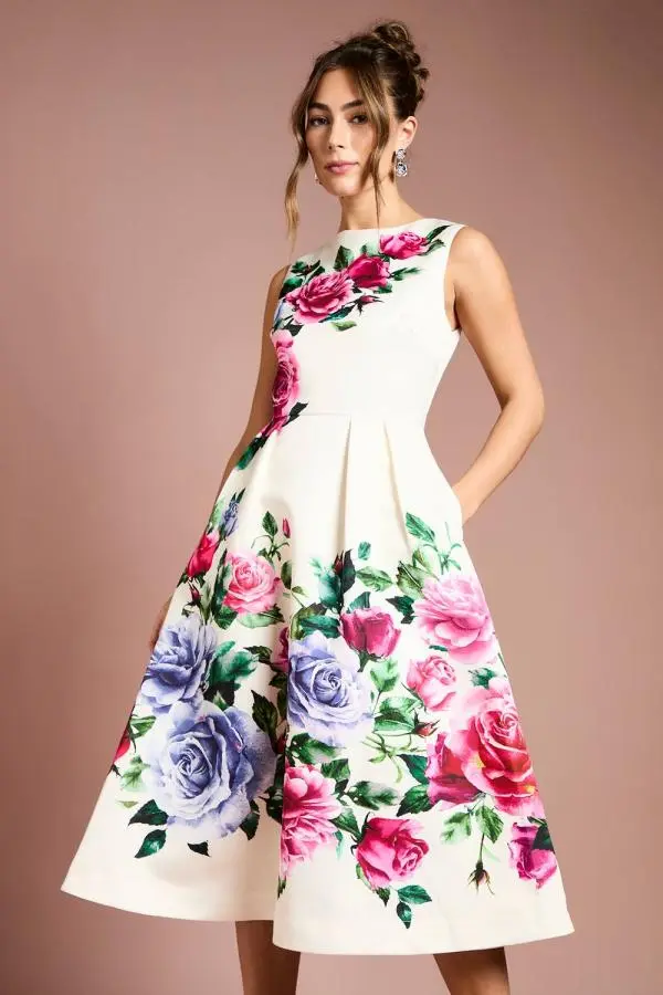 Coast Women's Pocket Structured Satin Placement Print Midi Dress in Ivory