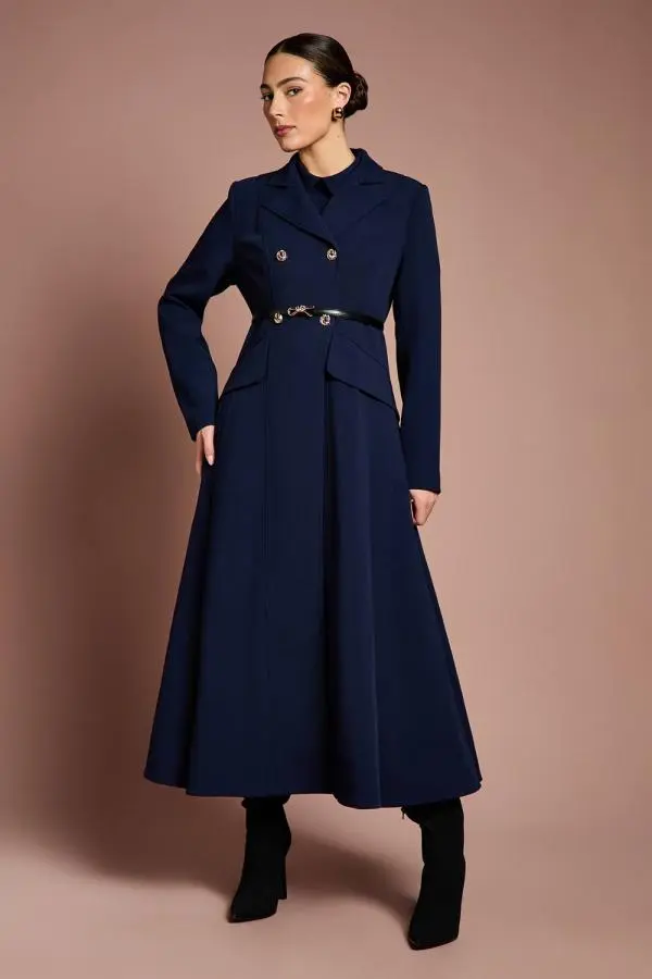 Coast Women's Lisa Tan Tailored Crepe Belted Coat in Navy