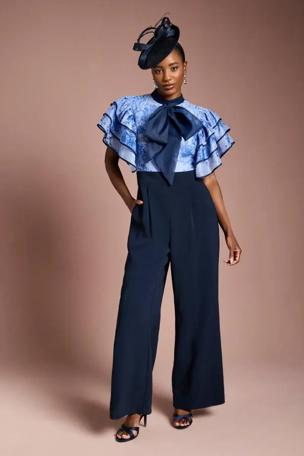 Coast Women's Printed Organza Ruffle Sleeve Wide Leg Jumpsuit in Navy