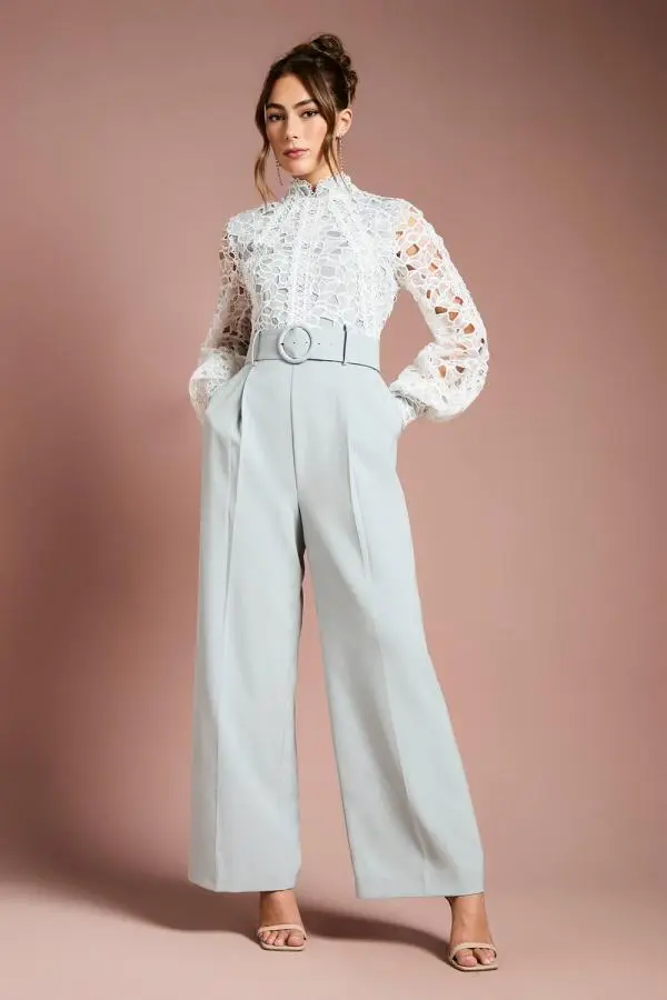 Coast Women's Organza Lace Belted Long Sleeve Jumpsuit in Sage