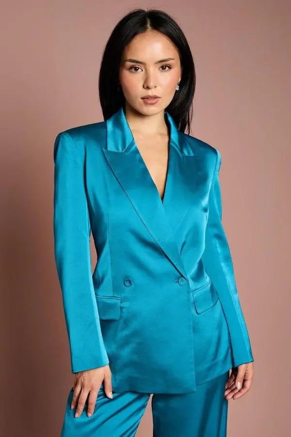 Coast Women's Petite Satin Double Breasted Blazer in Teal