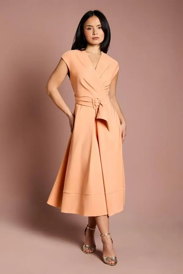 Coast Women's Petite Belted Crepe Dress in Coral