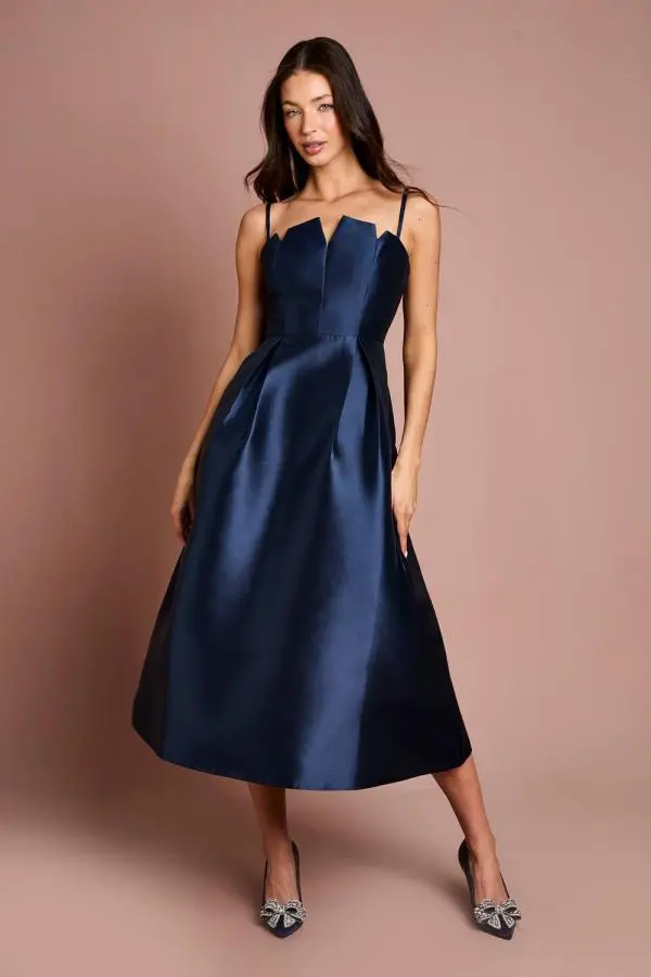 Coast Women's Notch Neck Detail Twill Midi Dress in Navy