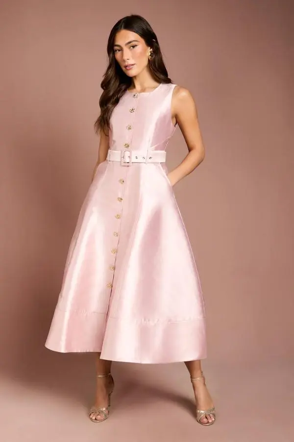 Coast Women's Button Through Belted Prom Dress in Blush