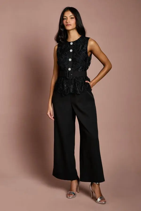 Coast Women's Petite Lace Bodice Crepe Trouser Belted Jumpsuit in Black