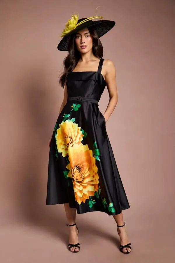 Coast Women's Lisa Tan Floral Placement Print Belted Midi Dress in Black