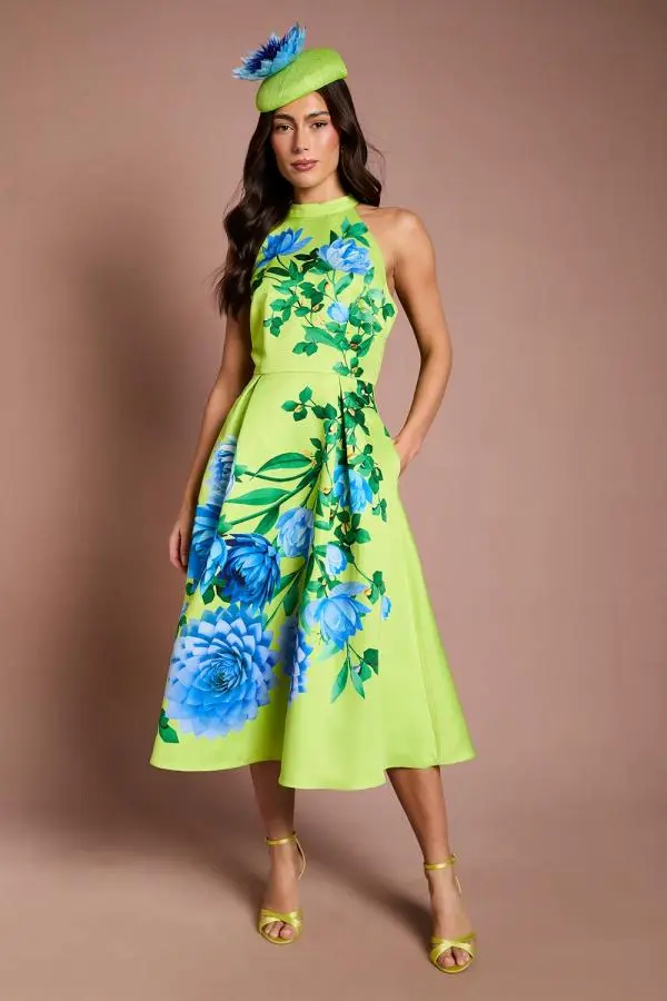 Coast Women's Lisa Tan Halterneck Printed Floral Midi Dress in Lime