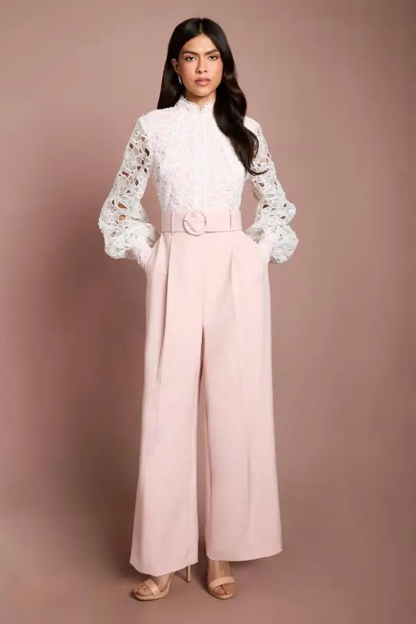 Coast Women's Organza Lace Belted Long Sleeve Jumpsuit in Blush 