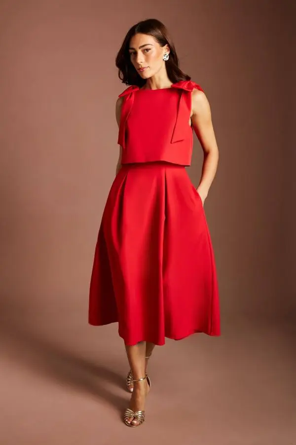 Coast Women's Sleeveless Bow Shoulder Midi Dress With Bodice Overlay in Red 