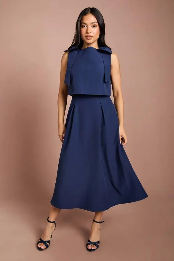 Coast Women's Petite Sleeveless Bow Shoulder Midi Dress With Bodice in Navy 
