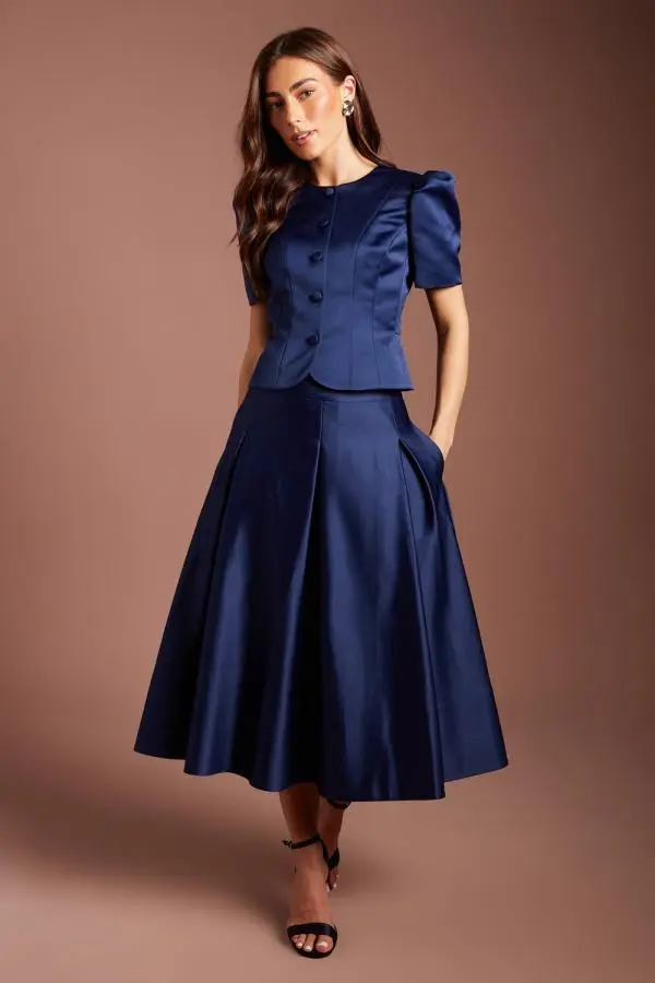 Coast Women's Satin Pleat Front Midi Full Skirt in Navy 