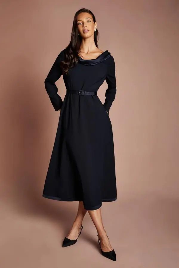 Coast Women's Roll Neck Long Sleeve Crepe Belted Midi Dress in Navy 