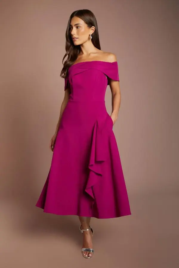 Coast Women's Bardot Waterfall Crepe Midi Dress in Berry 