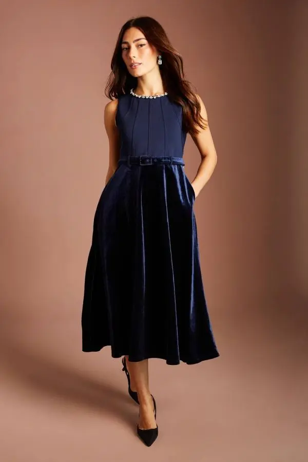 Coast Women's Bandage Bodice Jewel Trim Neckline Velvet Skirt Belted Midi Dress in Navy 