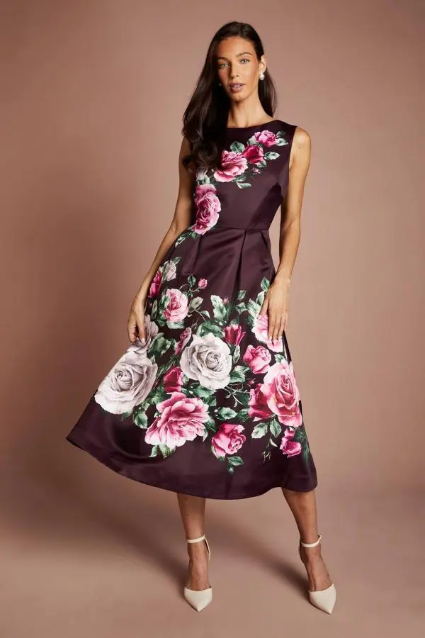 Coast Women's Pocket Structured Satin Placement Print Midi Dress in Wine 