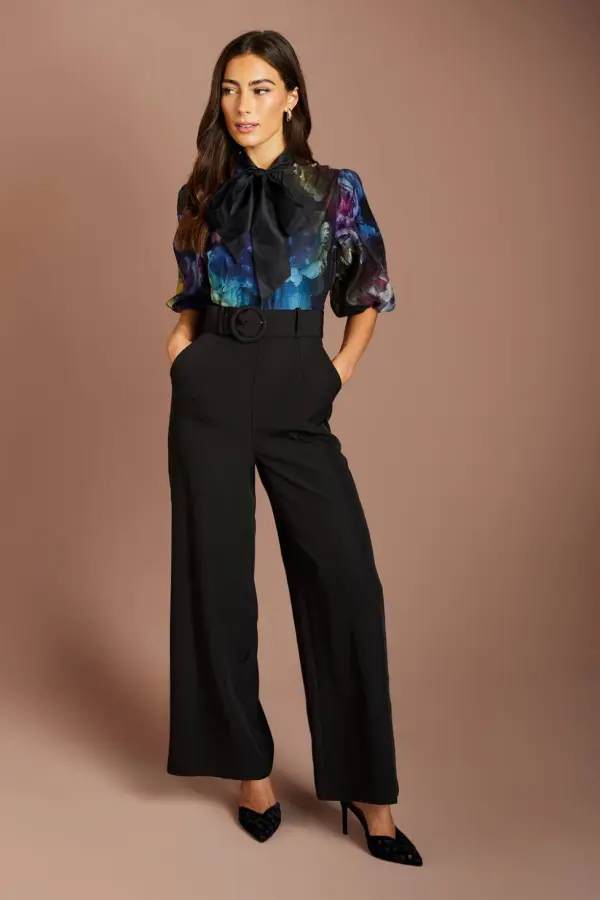 Coast Women's Puff Sleeve Printed Tie Detail Jumpsuit in Black 