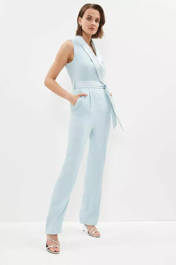 Straight Leg Tie Waist Tux Wrap Jumpsuit 