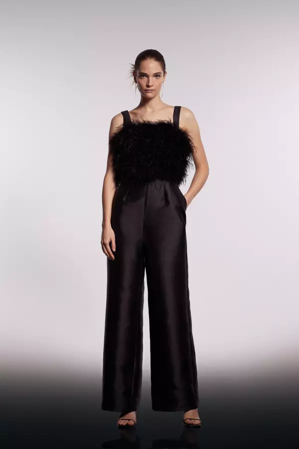 Feather Bodice Twill Trouser Jumpsuit 