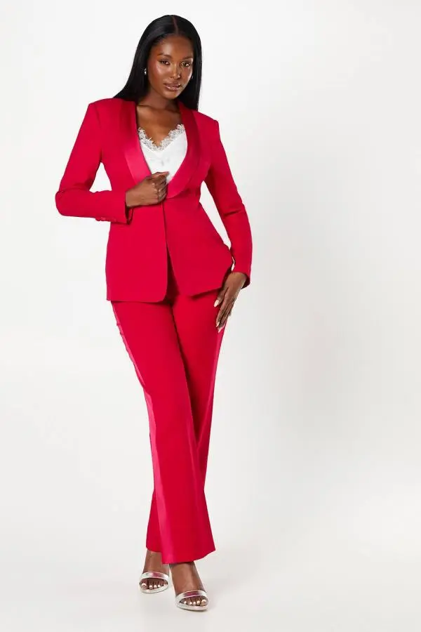Satin Trim Slim Leg Tailored Trouser - Red
