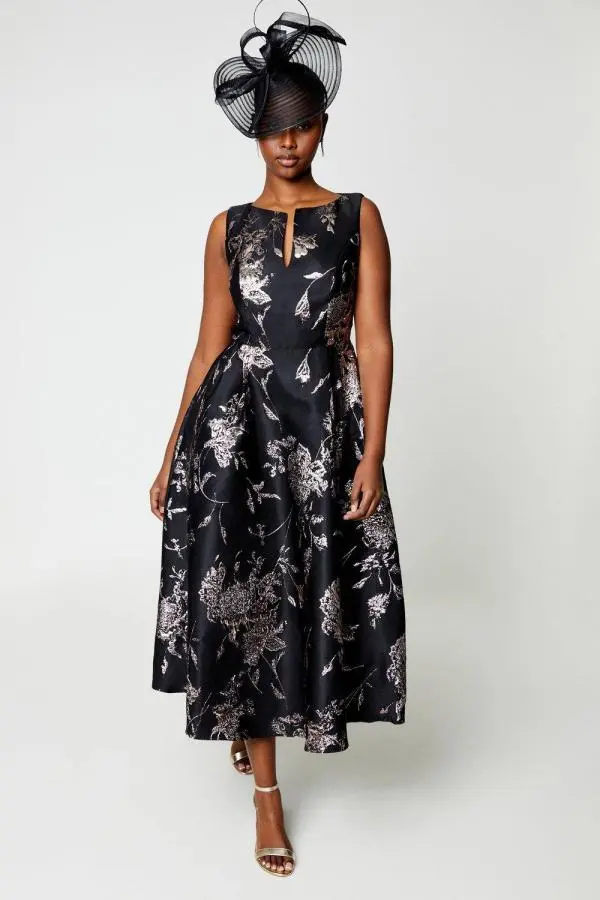 Coast Women's Petite Notch Neck Jacquard Midi Dress in Black 