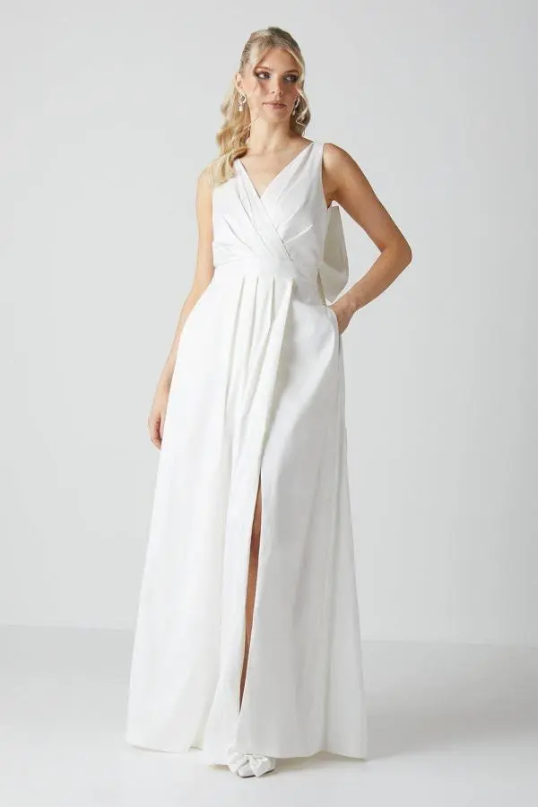 Coast Women's Wrap Front Full Skirted Wedding Dress With Taffeta Bow in Ivory 