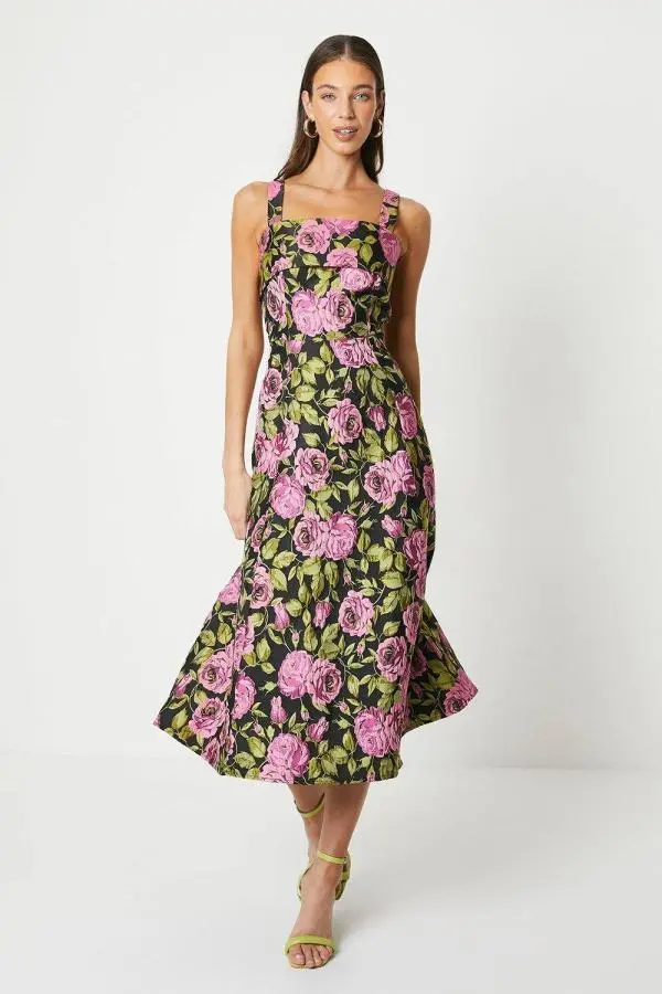 Coast Women's Wide Strap Jacquard Midi Dress in Black