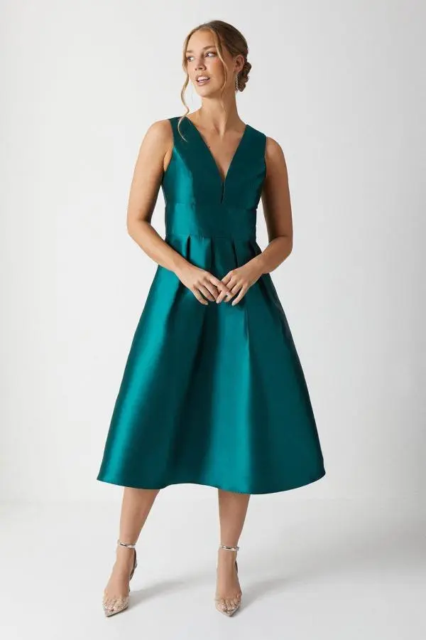 Coast Women's Plunge Neck Structured Twill Midi Bridesmaid Dress in Emerald 
