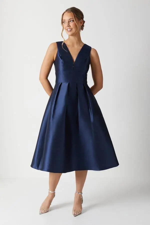 Coast Women's Plunge Neck Structured Twill Midi Bridesmaid Dress in Navy 