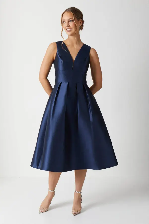 Coast Women's Plunge Neck Structured Twill Midi Bridesmaid Dress in Navy 